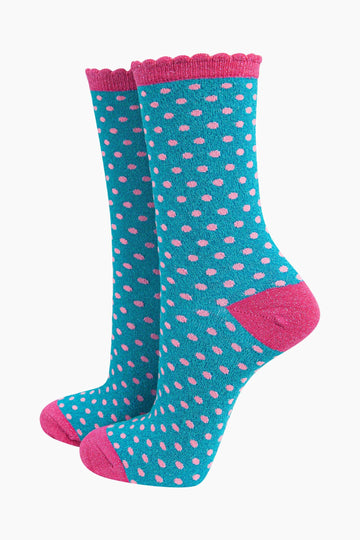 womens-glitter-socks-turquoise-hot-pink-polka-dots-frilly-cuff-sparkly-material-spots