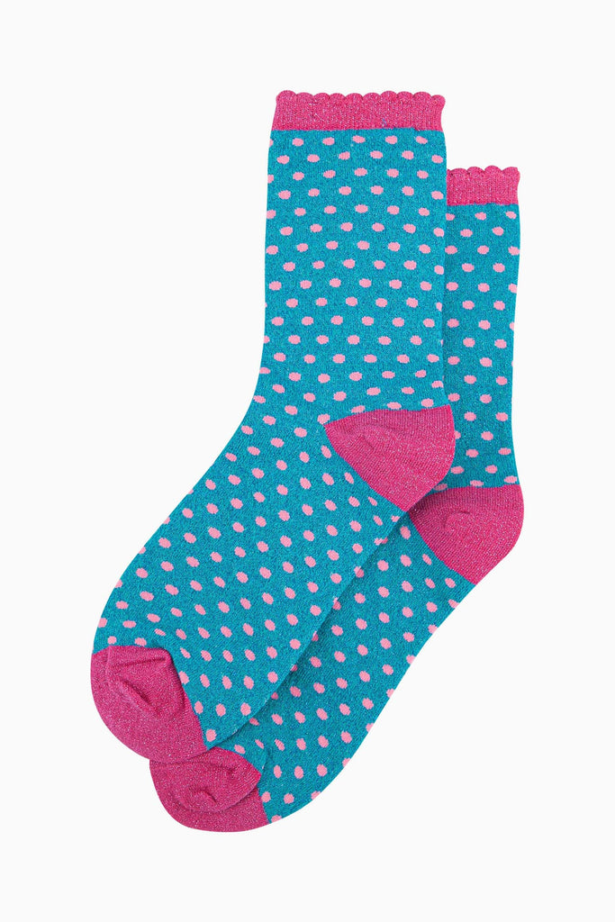 womens-glitter-socks-turquoise-hot-pink-polka-dots-laying-flat-sparkly-scalloped-cuffs-cotton