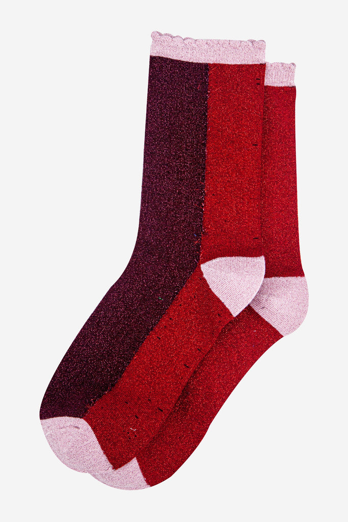 womens-berry-red-colour-block-glitter-socks-laying-flat