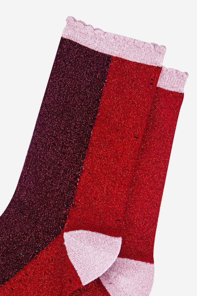 womens-berry-red-colour-block-glitter-socks-close-up