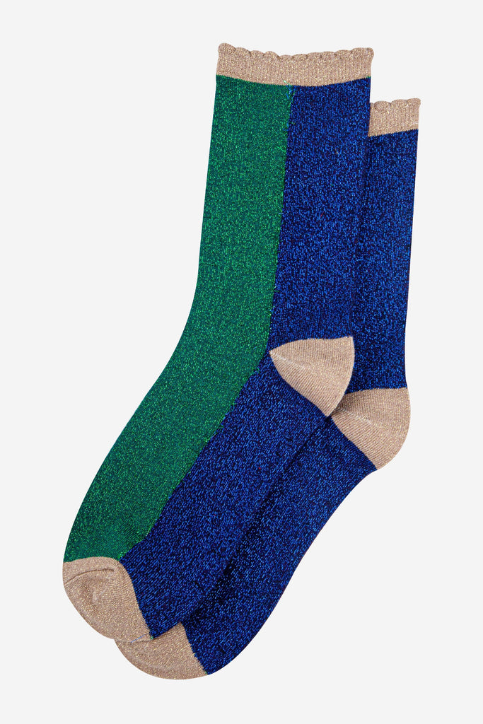 womens-forest-green-navy-blue-colour-block-glitter-socks-laying-flat