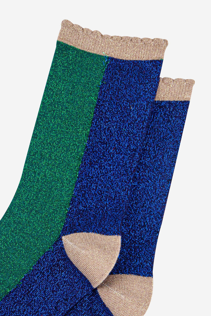 womens-forest-green-navy-blue-colour-block-glitter-socks-close-up