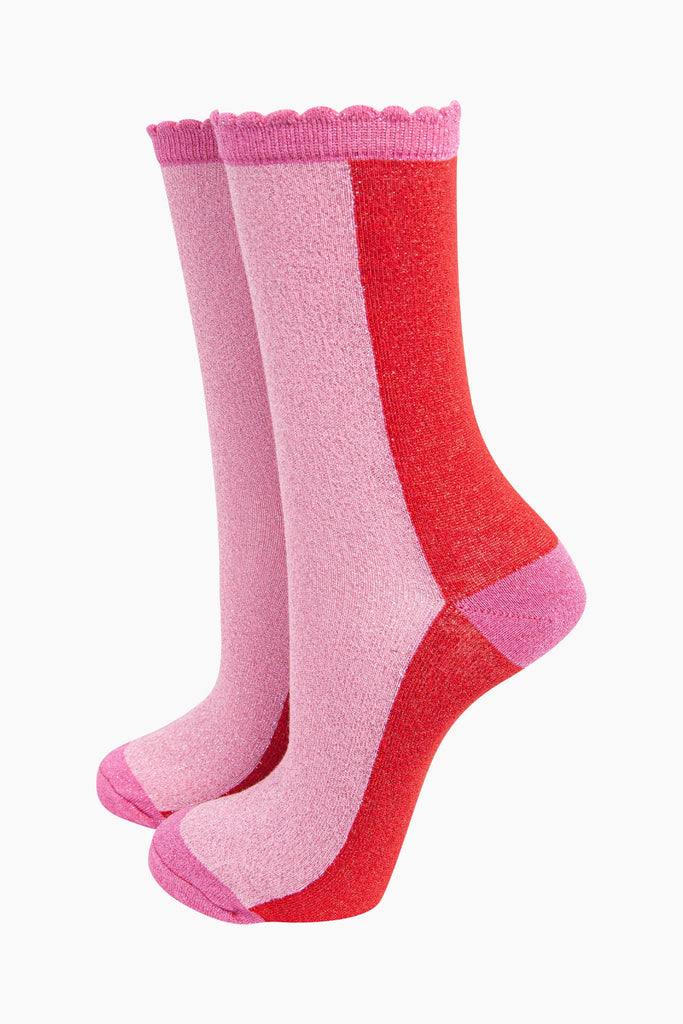 womens-glitter-socks-red-pink-colour-block-contrasting-sparkly-frilled-scalloped-cuffs