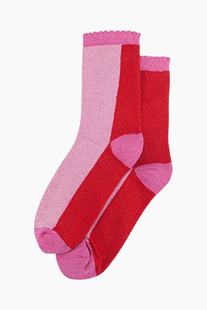 womens-glitter-socks-red-pink-colour-block-sparkly-material-two-tone