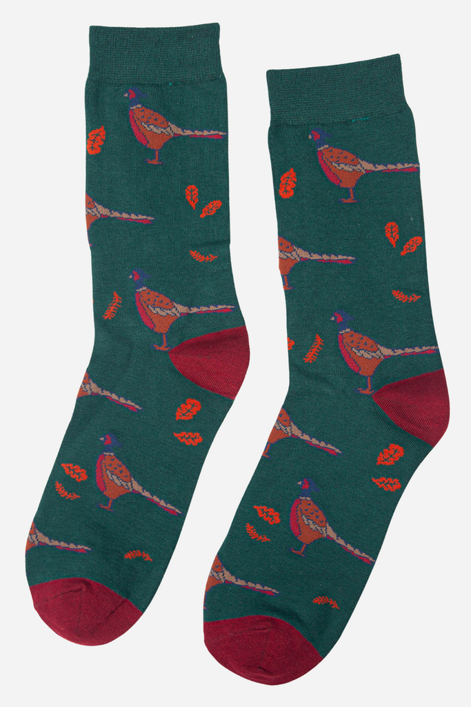 green dress socks featuring british woodland pheaants