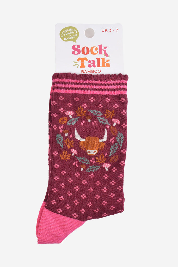 highland cow wreath bamboo socks in their sock talk packaging, these socks are a uk size 3-7