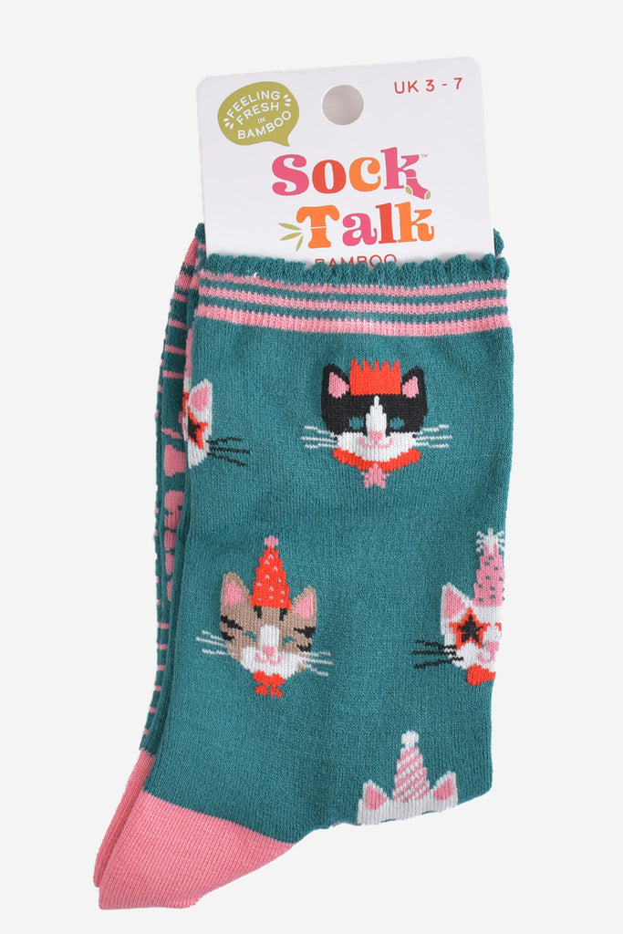 green party cats bamboo socks in their sock talk packaging, these socks are a uk size 3-7