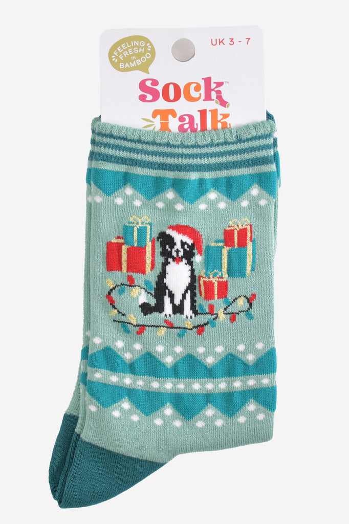 christmas border collie bamboo socks in their sock talk packaging, these socks are a uk size 3-7