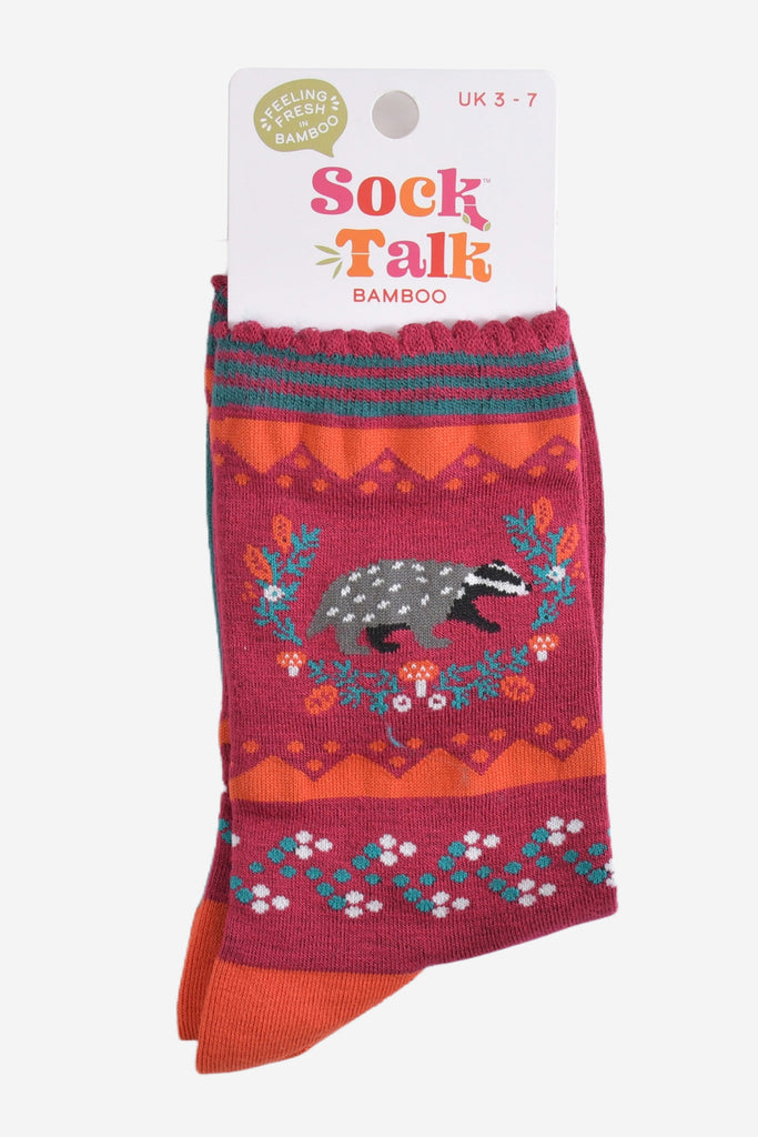 badger wreath bamboo socks in their sock talk packaging, these socks are a uk size 3-7