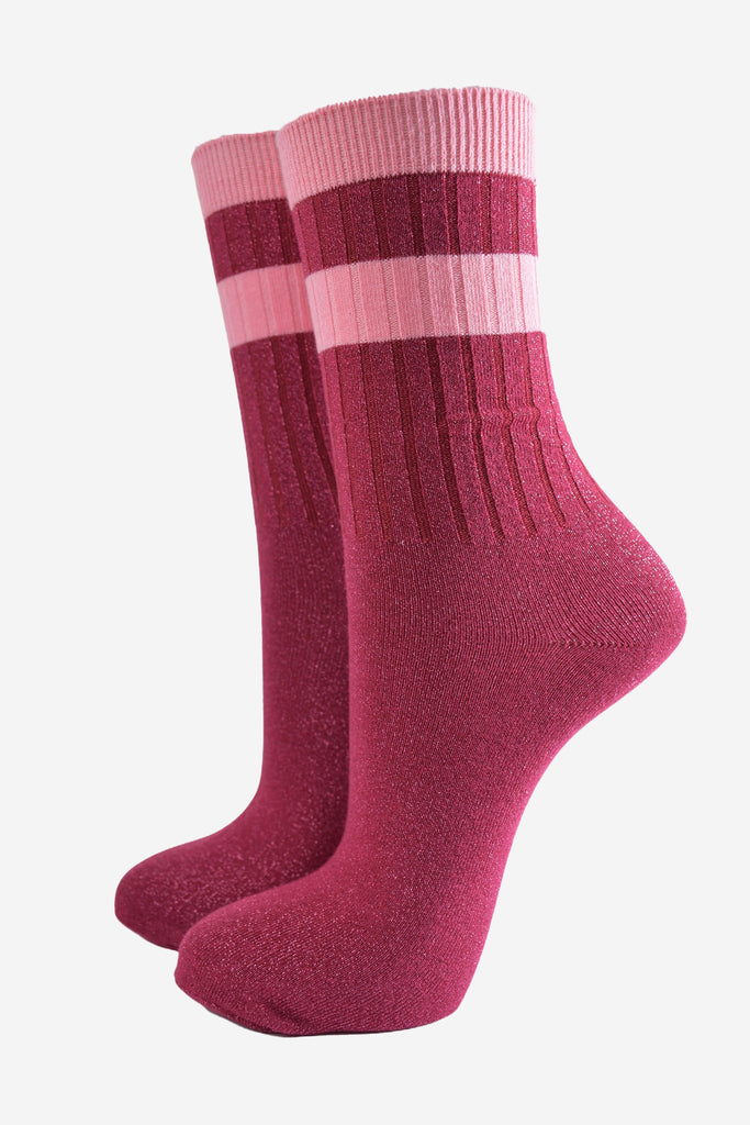 ribbed cotton berry pink glitter socks with a light pink double striped cuff