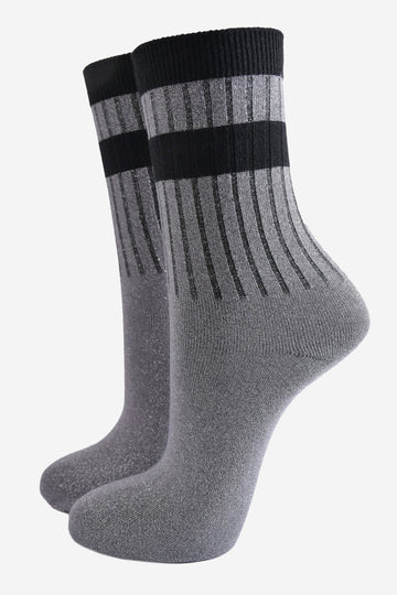 grey glitter sparkly ankle socks with ribbed cuffs and two sports style horizontal stripes on the cuff