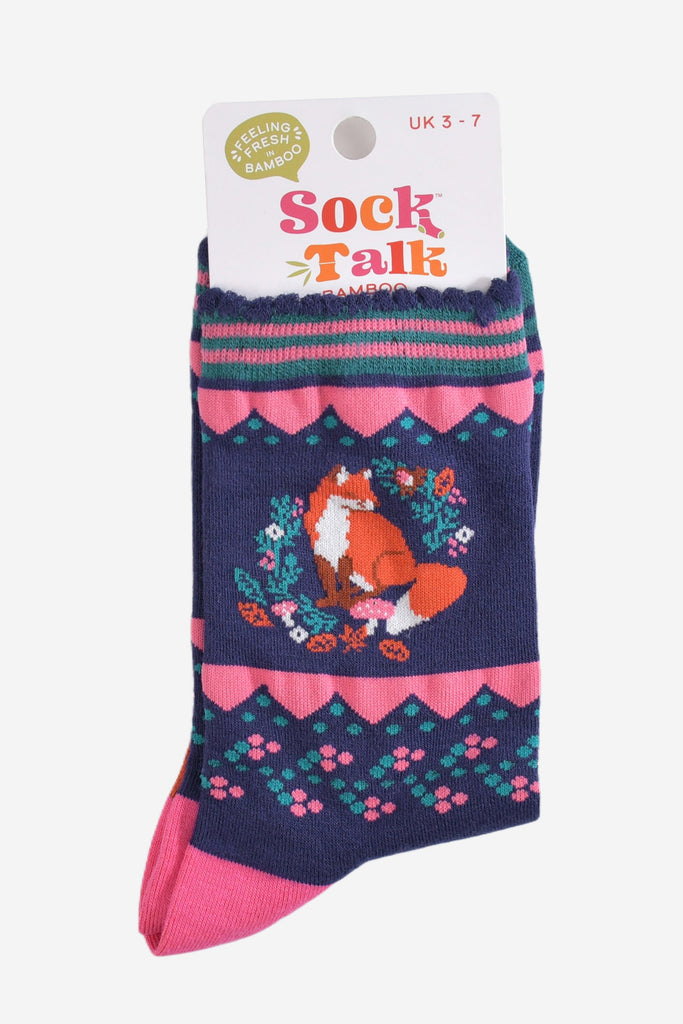 fox and wreath bamboo socks in their sock talk packaging, these socks are a uk size 3-7