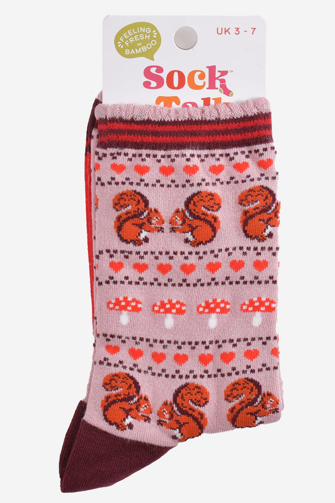 squirrel fair isle bamboo socks in their sock talk packaging, these socks are a uk size 3-7