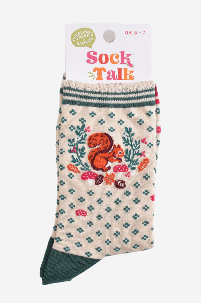 squirrel and autumn wreath bamboo socks in their sock talk packaging, these socks are a uk size 3-7