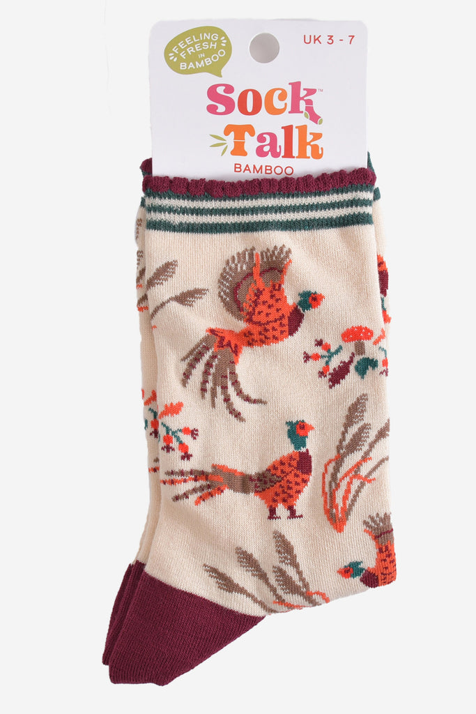 woodland pheasant bamboo socks in their sock talk packaging, these socks are a uk size 3-7