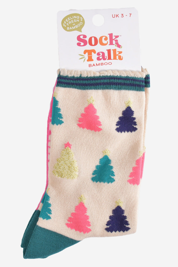 multicoloured christmas tree bamboo socks in their sock talk packaging, these socks are a uk size 3-7