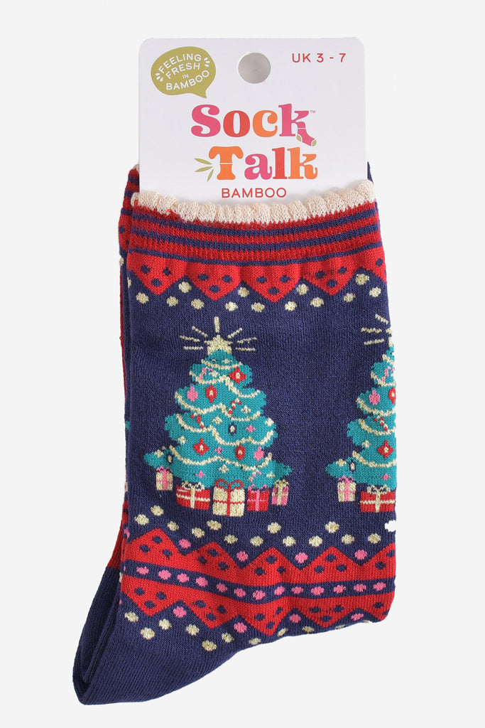 classic christmas tree bamboo socks in their sock talk packaging, these socks are a uk size 3-7