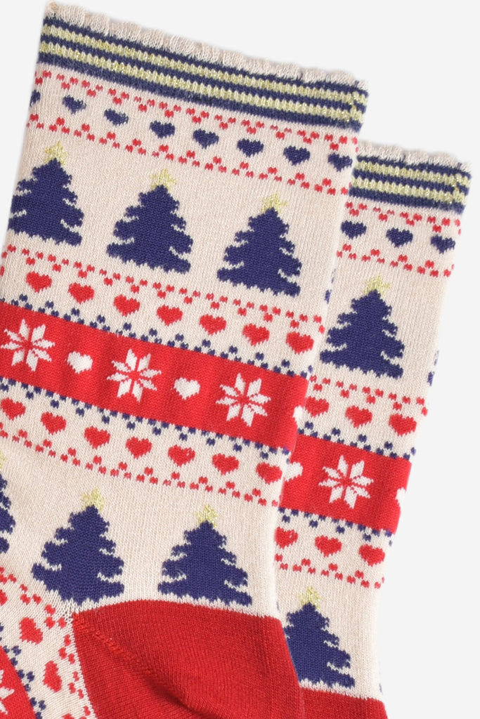 close up of the fair isle pattern on the socks, showing navy blue xmas trees, red love hearts and white snow flakes in a busy fair isle pattern