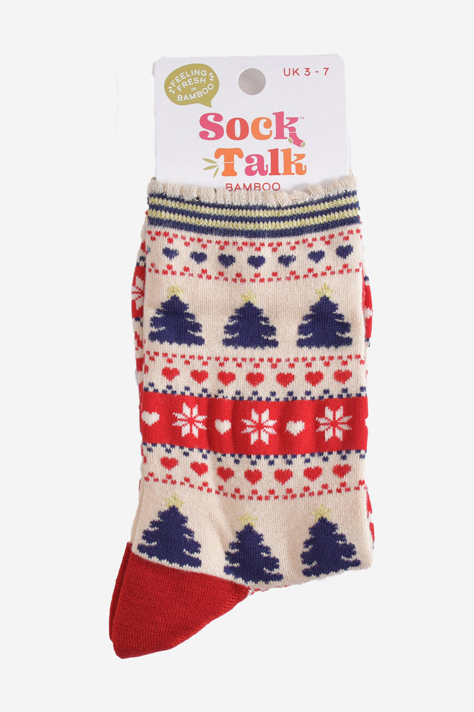 christmas tree fair isle bamboo socks in their sock talk packaging, these socks are a uk size 3-7