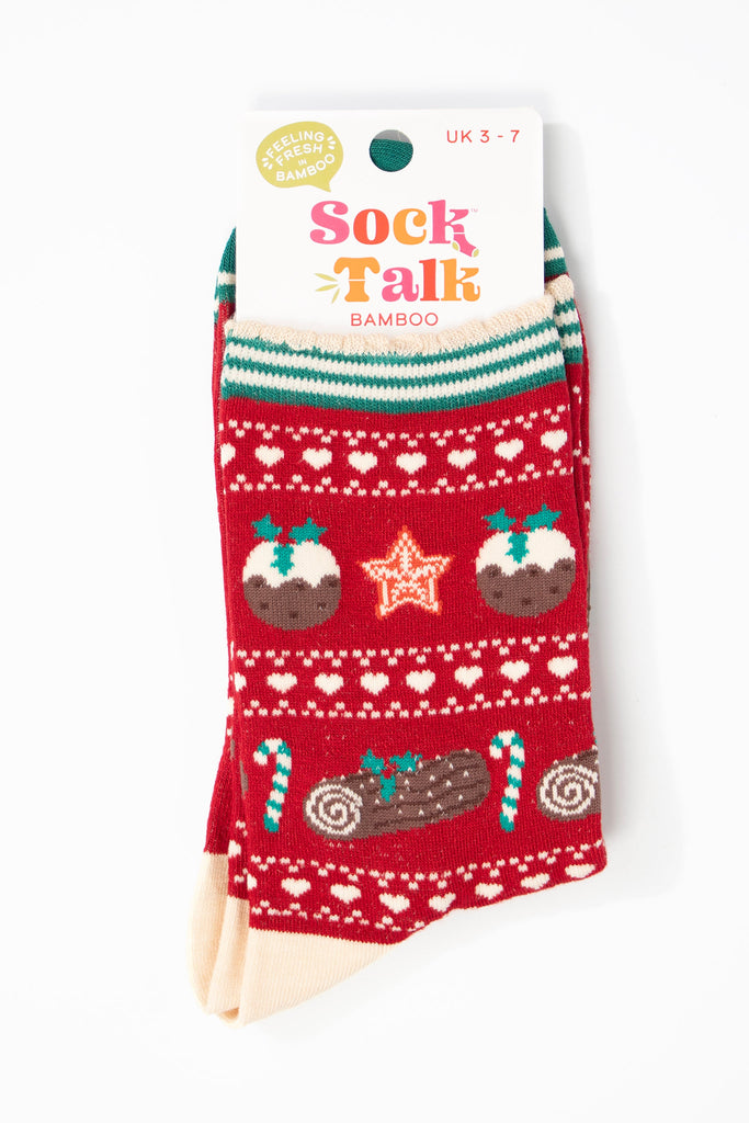 christmas pudding fair isle bamboo socks in their sock talk packaging, these socks are a uk size 3-7