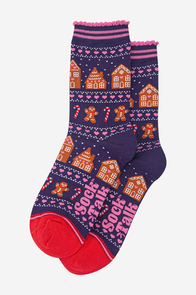 womens-bamboo-socks-navy-blue-red-gingerbread-fair-isle-laying-flat