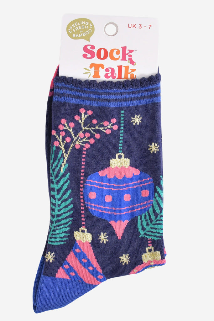 christmas baubles bamboo socks in their sock talk packaging, these socks are a uk size 3-7