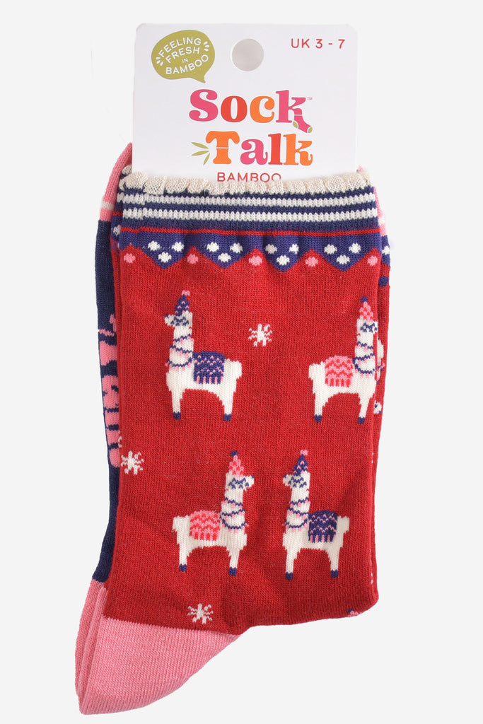 party llama bamboo socks in their sock talk packaging, these socks are a uk size 3-7