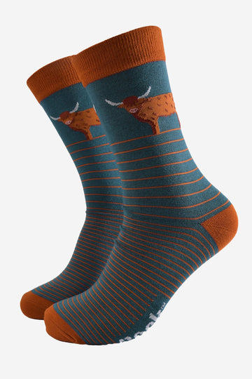 teal blue socks with a burnt orange pin striped and a large standing highland cow on the ankle