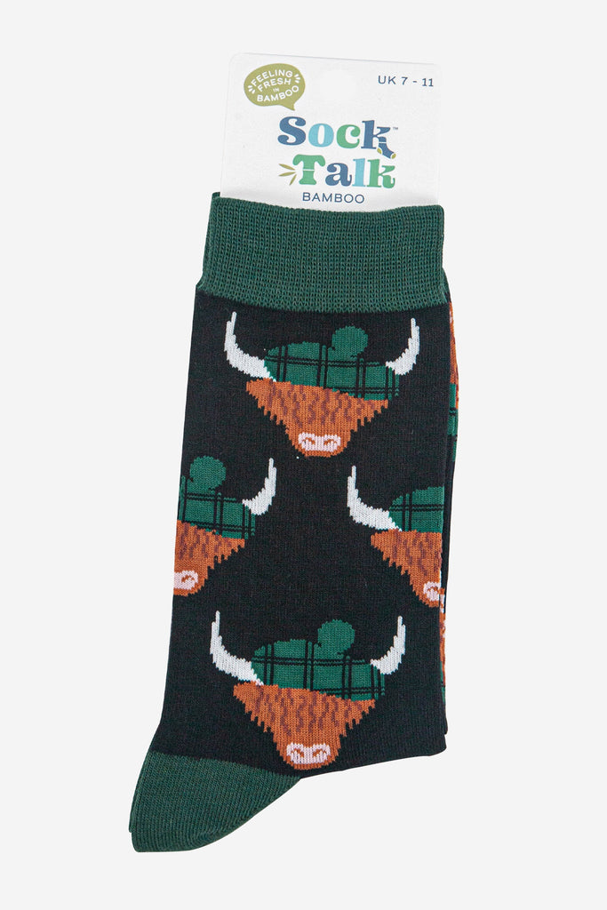 mens-bamboo-socks-black-forest-green-highland-cow-in-sock-talk-packaging