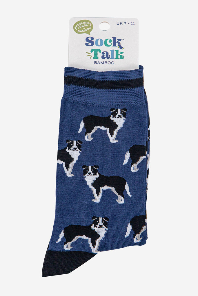 mens-bamboo-socks-denim-blue-black-border-collie-in-sock-talk-packaging