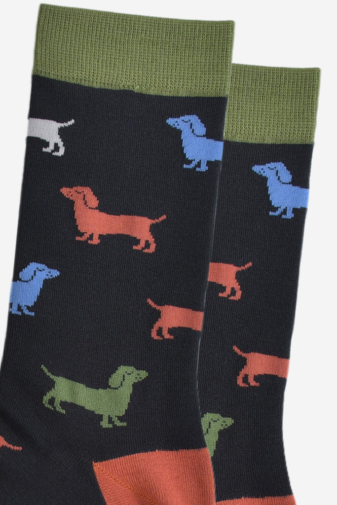 close up of the colourful sausage dog pattern on the socks