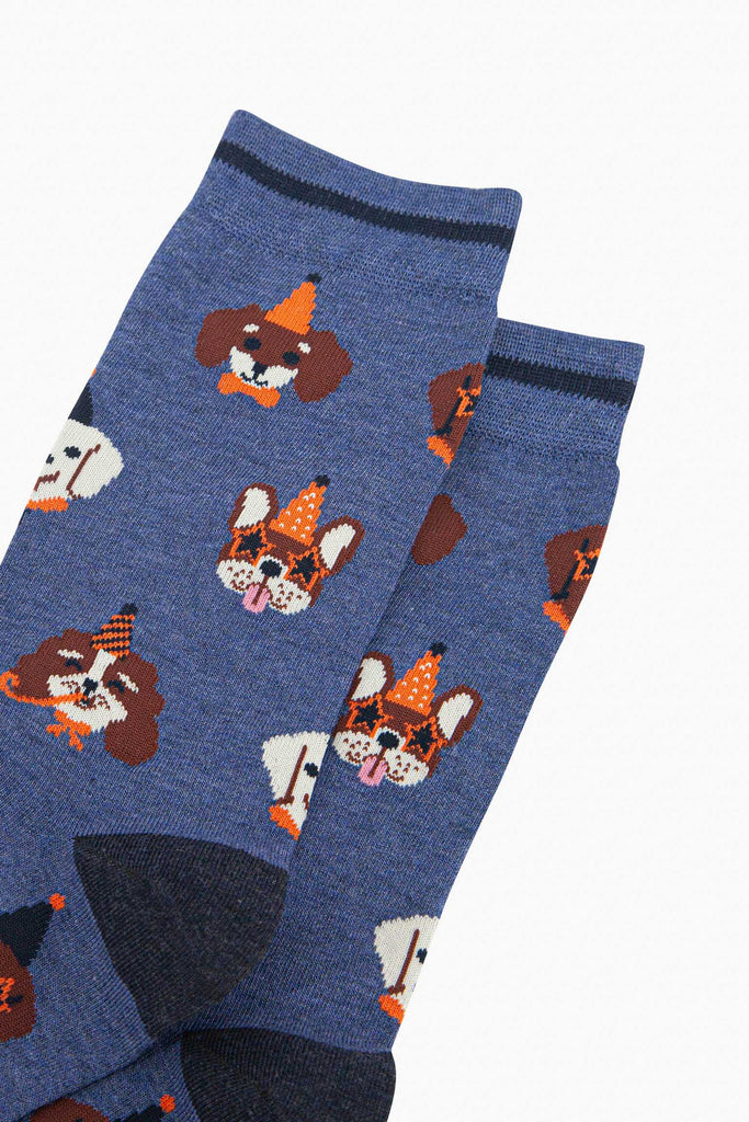 mens-bamboo-socks-denim-blue-party-dogs-close-up-orange-party-hats-novelty-sunglasses-worn-cartoon-dog-faces