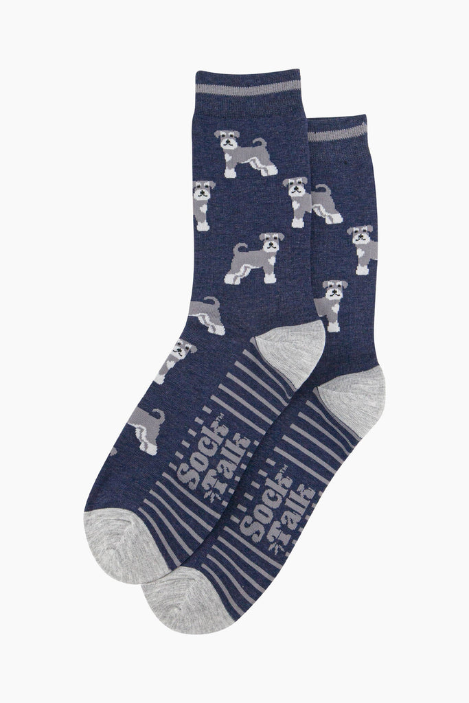 mens-bamboo-socks-navy-schnauzer-laying-flat-dog-pattern-repeats-striped-sole