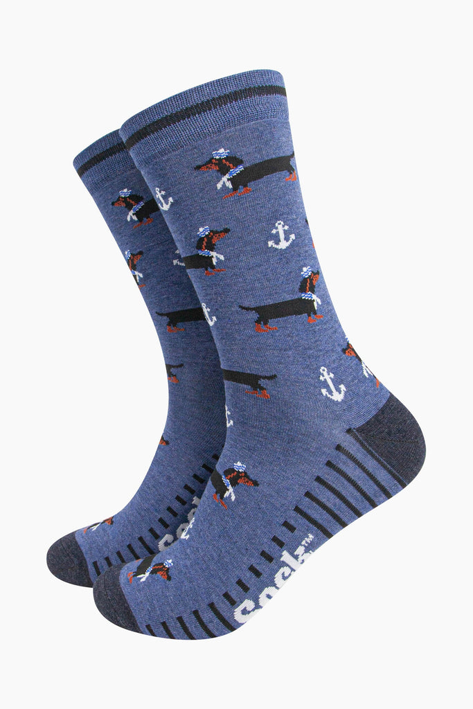 mens-bamboo-socks-denim-blue-sausage-dog-sailor-anchor-dachshunds-nautical