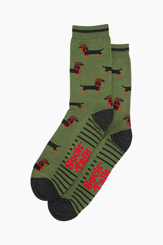 mens-bamboo-socks-green-sausage-dog-cowboy-laying-flat