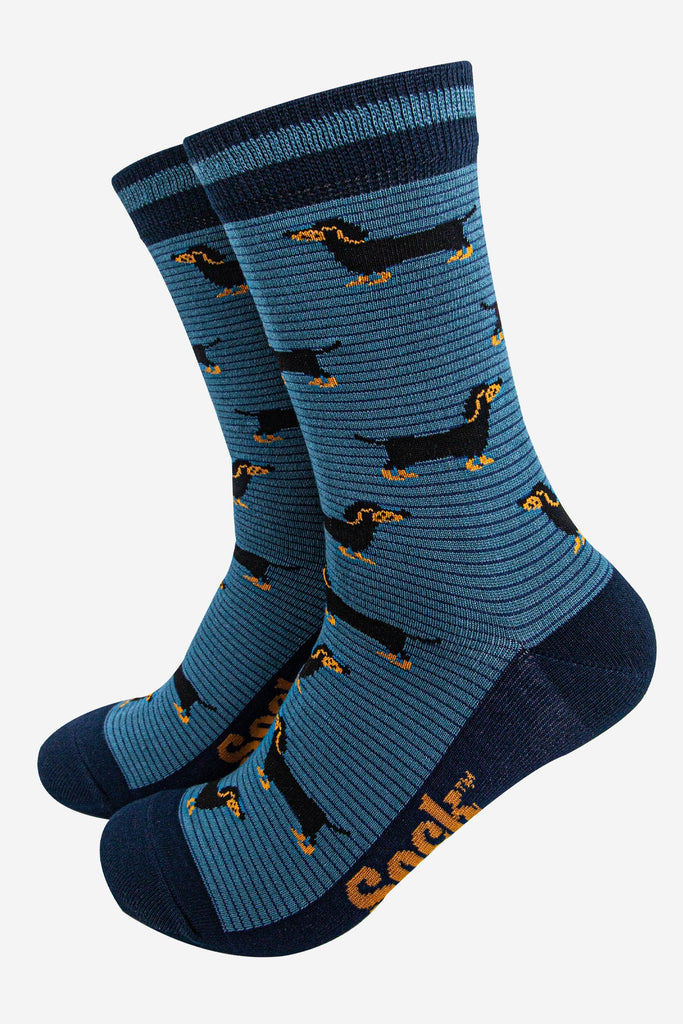 mens-bamboo-socks-denim-blue-navy-blue-sausage-dog-stripes-dachshunds
