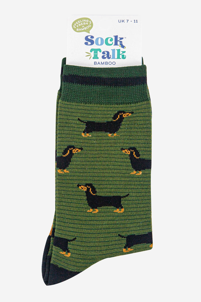 mens-bamboo-socks-khaki-dark-green-sausage-dog-stripes-in-sock-talk-packaging