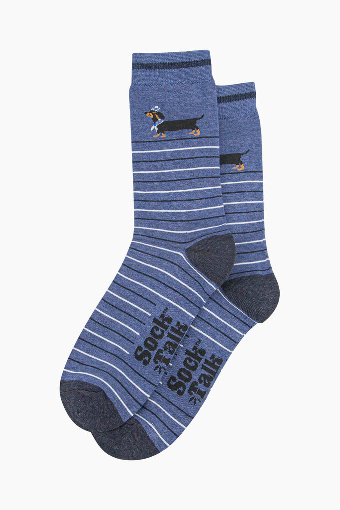 mens-bamboo-socks-denim-blue-sausage-dog-sailor-stripe-laying-flat