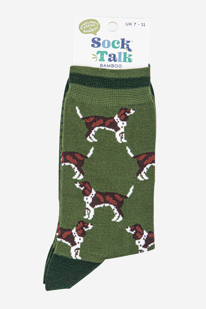 mens-bamboo-socks-khaki-dark-green-cocker-spaniel-in-sock-talk-packaging