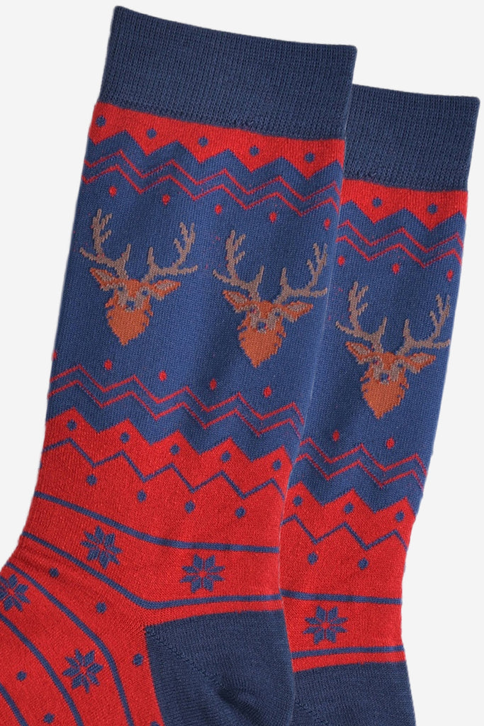 close up of the stag head patterns on the ankles of the socks
