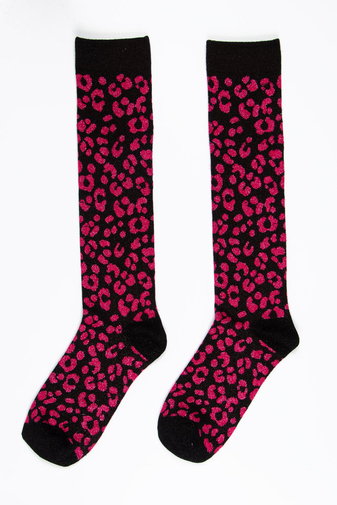 pink and black leopard print knee high glitter socks