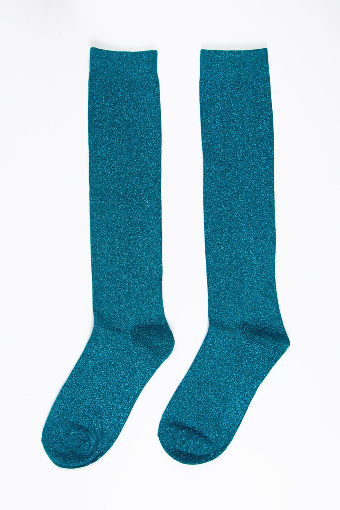 knee length teal glitter socks with an all over sparkle