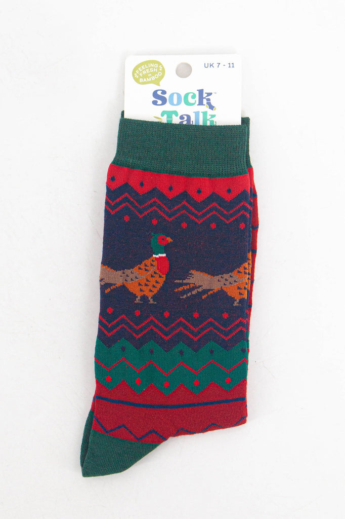 fair isle woodland pheasant bamboo socks in their sock talk packaging, these socks are a uk size 7-11