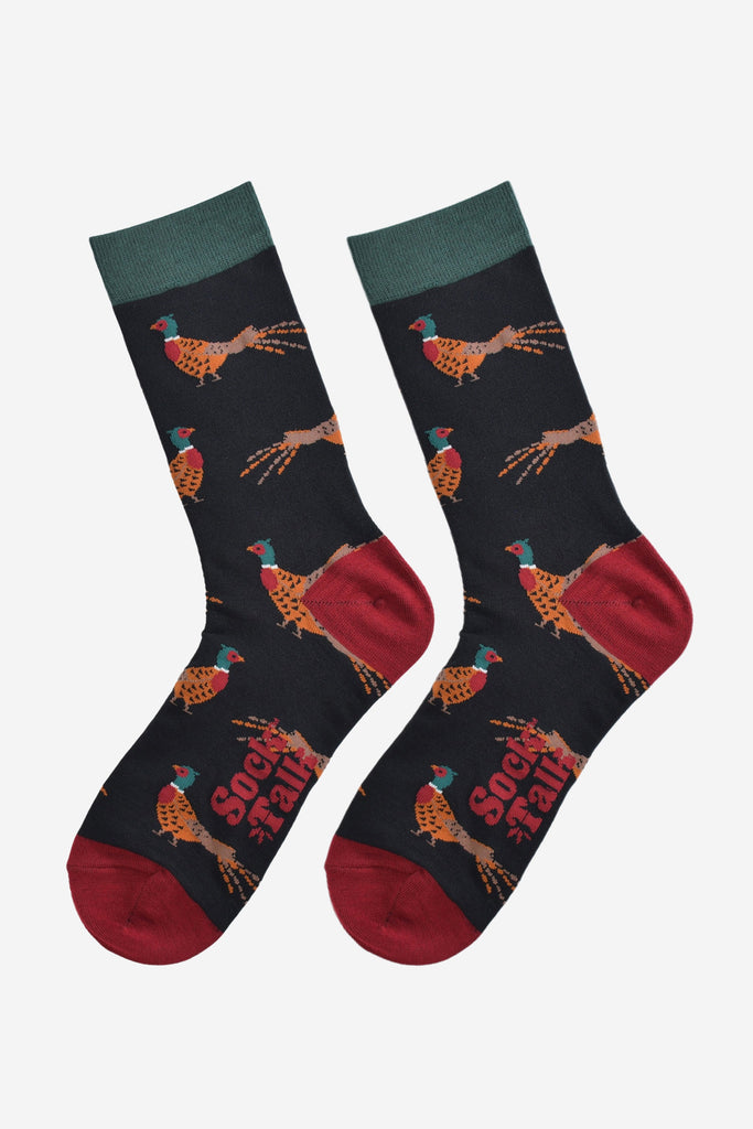 black bamboo socks with a pattern of woodland pheasants all over, the socks are laying flat