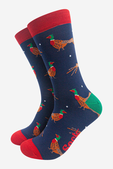 navy blue socks with a pattern of classic woodland pheasants with contrasting red and green heel toe and cuff