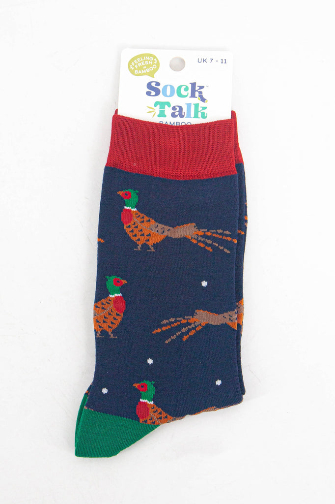 navy blue pheasant bamboo socks in their socks talk packaging, the socks are a uk size 7-11
