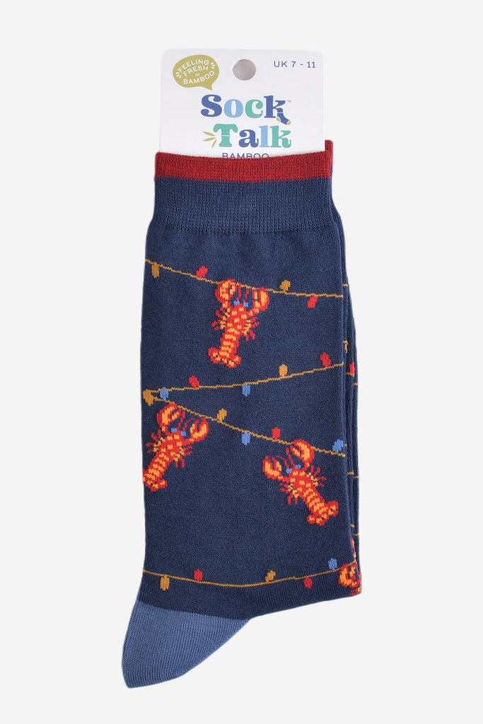 lobster party light bamboo socks in their sock talk packaging, these socks are a uk size 7-11
