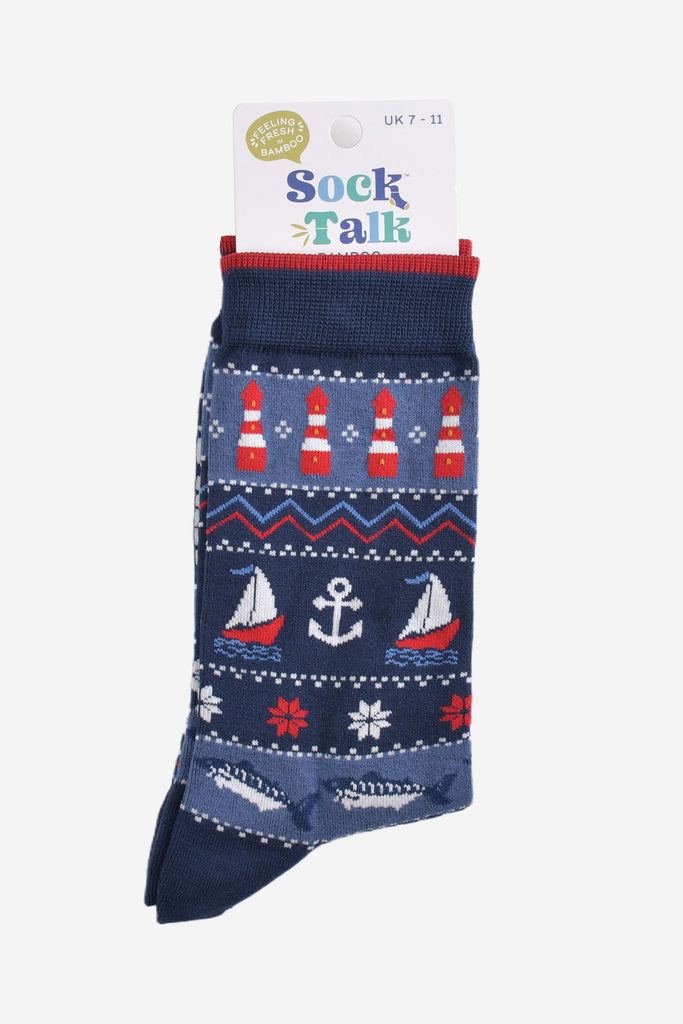 navy blue fair isle nautical socks in their sock talk packaging, the socks are a uk size 7-11