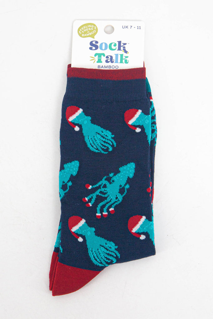 christmas octopus and squid bamboo socks in their sock talk packaging, these socks are a uk size 7-11