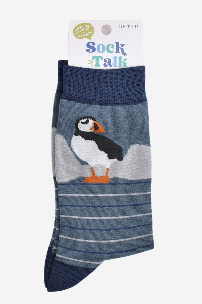striped puffin bamboo socks in their sock talk packaging, these socks are a uk size 7-11